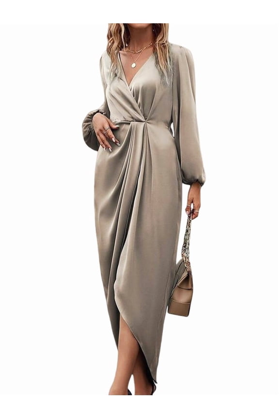 Female Long Sleeve V-Neck Tie Waist Split Formal Cocktail Wedding Guest Dresses Champagne Color L