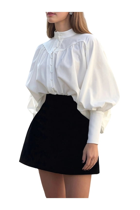 Female Victorian Blouse High Collar Ruffled Shirt Tops White L