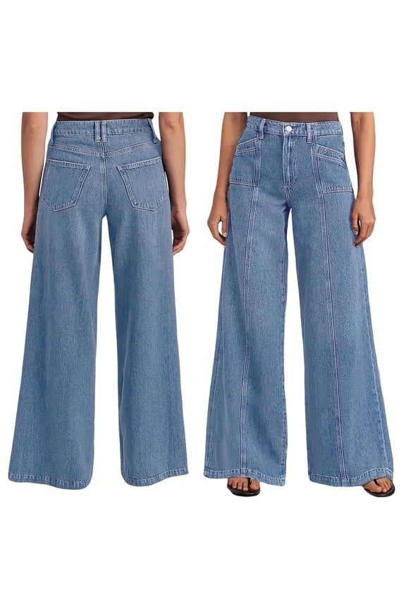 Female Wide Leg Jeans Baggy Jeans Mid Waist Stretch Boyfriend Denim Pants Vintage Trousers with Pocket Sky Blue L
