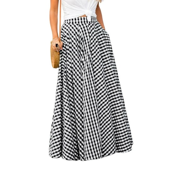 Katigan Gingham Long Skirts for Women Maxi Plaid Skirt A Line High Waist Summer Skirts Casual Trendy Black M