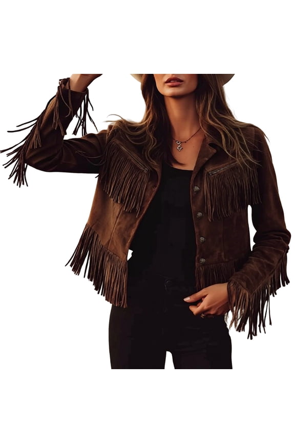 Jacket Women Vintage Western Cowgirl Style Fringe Button Up Long Sleeve Lapel Faux Suede Jacket Women Brown S