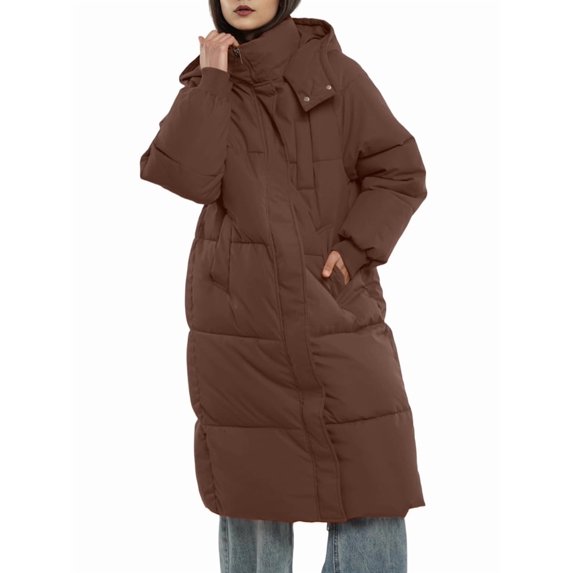 Katigan Long Puffer Jacket for Women, Thickened Winter Coat Hooded with Deep Pockets, Ladies Warm Winter Jacket Brown L