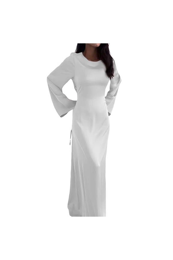 Maxi Dresses for Women Elegant Classy Fall Long Bell Sleeve Ruched Bodycon Fitted Cocktail Party Slit Dress White S