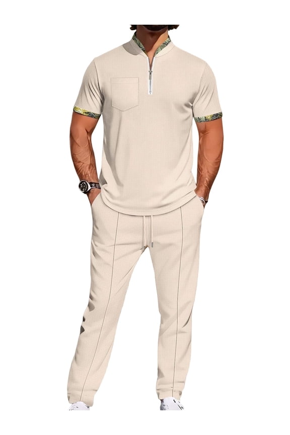 Men 2 Piece Casual Beach Outfits Short Sleeve Button Down Shirts Summer Loose Pant Sets Vacation Outfits Khaki XXL