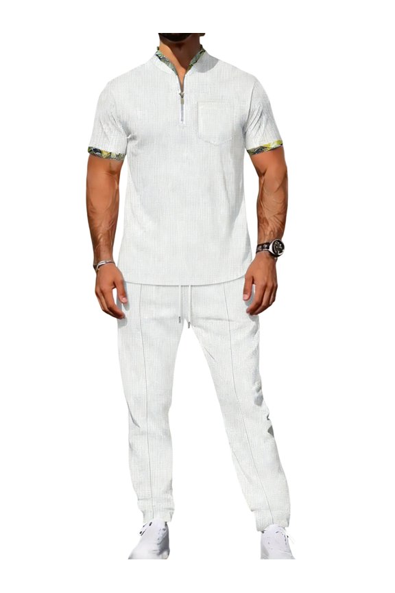 Men 2 Piece Casual Beach Outfits Short Sleeve Button Down Shirts Summer Loose Pant Sets Vacation Outfits White XL