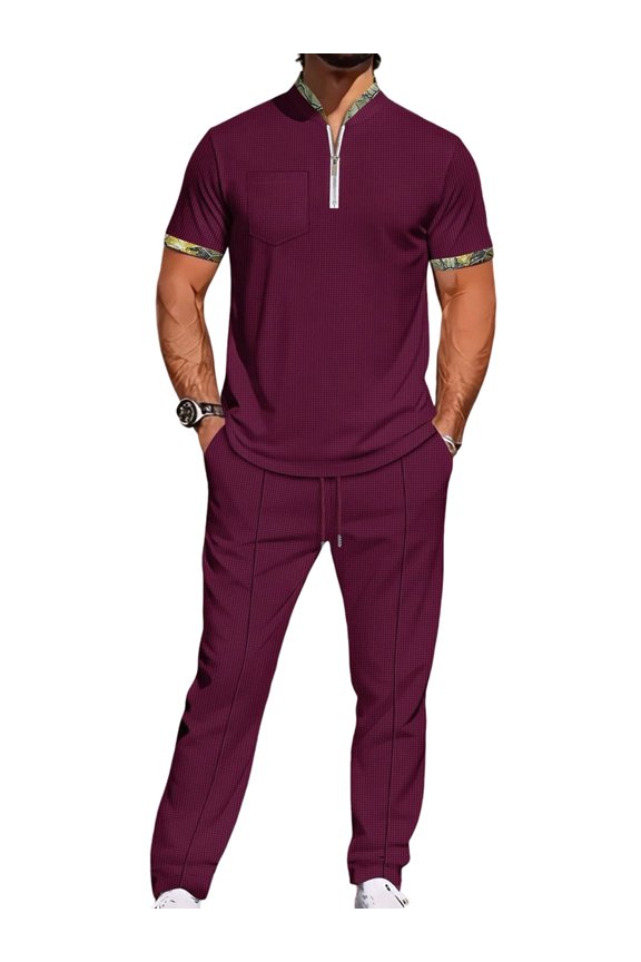 Men 2 Piece Casual Beach Outfits Short Sleeve Button Down Shirts Summer Loose Pant Sets Vacation Outfits Wine Red L
