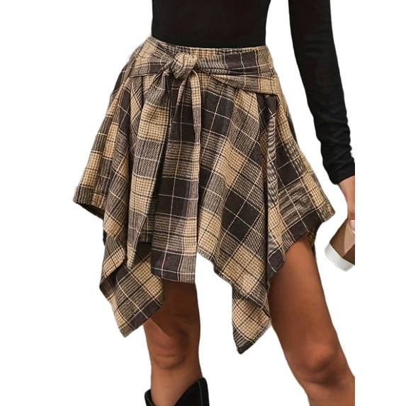 Katigan Mini Skirts for Women High Waisted Asymmetrical Hem Fashion Plaid Skirt Khaki S