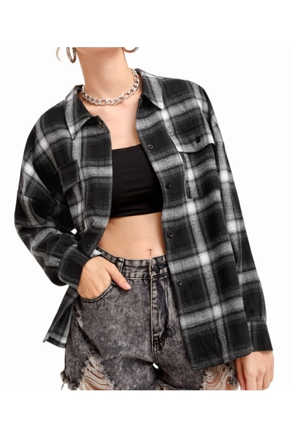 Oversized Flannel Shirt Female Long Sleeve Plaid Button Shirt Tops with Pocket Black L