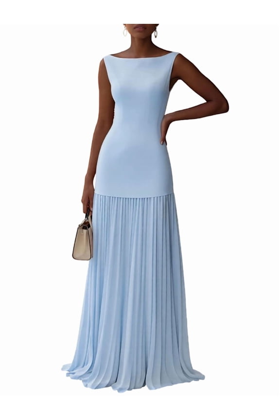 Pleated Bridesmaid Dresses for Women Boat Neck Formal Dresss Long A Line Wedding Guest Party Dress Light Blue XXL