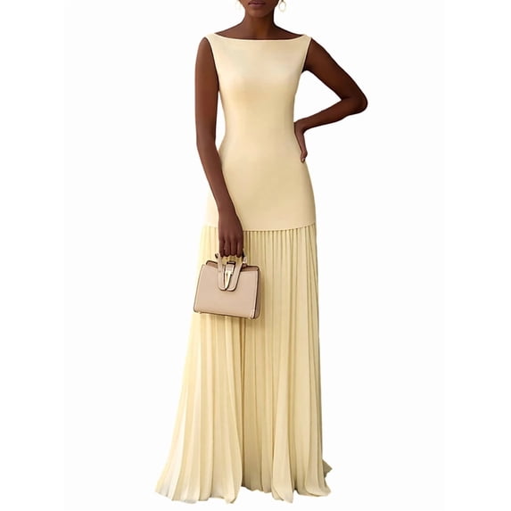 Katigan Pleated Bridesmaid Dresses for Women Boat Neck Formal Dresss Long A Line Wedding Guest Party Dress Yellow M