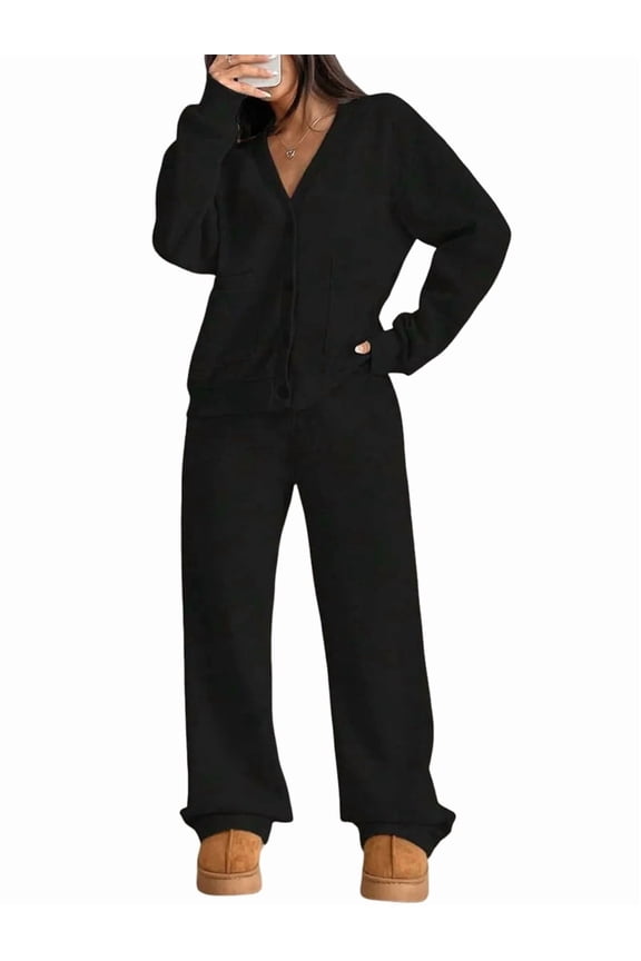 Two Piece Lounge Sets for Women Oversized Button Up Cardigan Wide Leg Pants Matching Loungewear Y2K Clothes Black M
