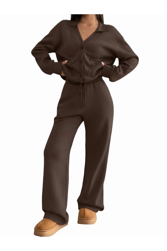 Two Piece Lounge Sets for Women Oversized Button Up Cardigan Wide Leg Pants Matching Loungewear Y2K Clothes Brown M