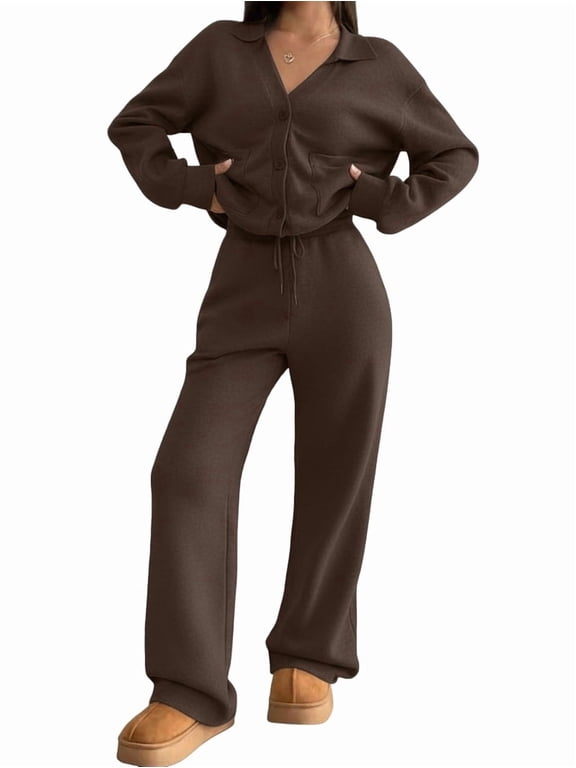 Two Piece Lounge Sets for Women Oversized Button Up Cardigan Wide Leg Pants Matching Loungewear Y2K Clothes Brown M