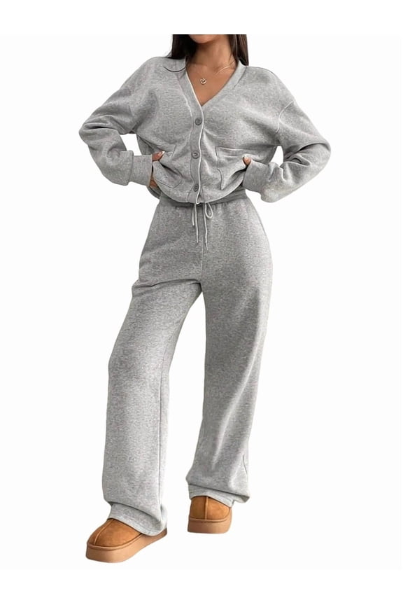 Two Piece Lounge Sets for Women Oversized Button Up Cardigan Wide Leg Pants Matching Loungewear Y2K Clothes Light Gray M