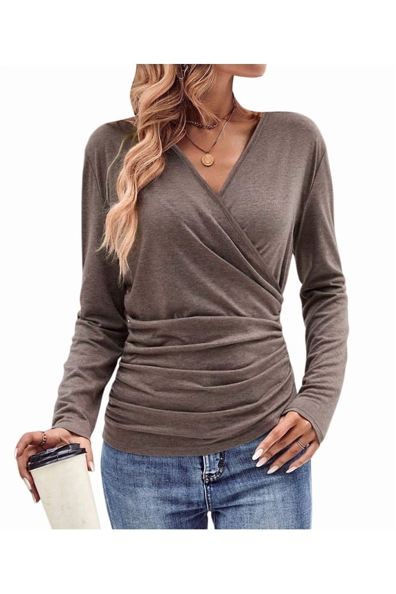 V Neck Ruched Tops for Women, Casual Long Sleeve Wrap Shirts Fashion Slim Fitted Pullover Blouses Camel Color XXL