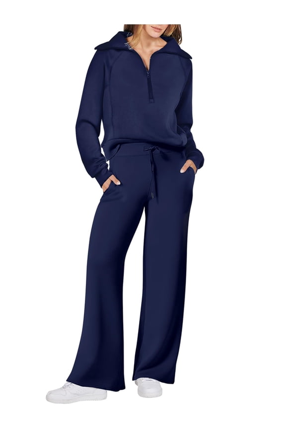 Women 2 Piece Outfits Fall Fashion Airport Wide Leg Pants Lounge Set Leisure Travel Vacation Clothes Sweatsuits Deep Blue S