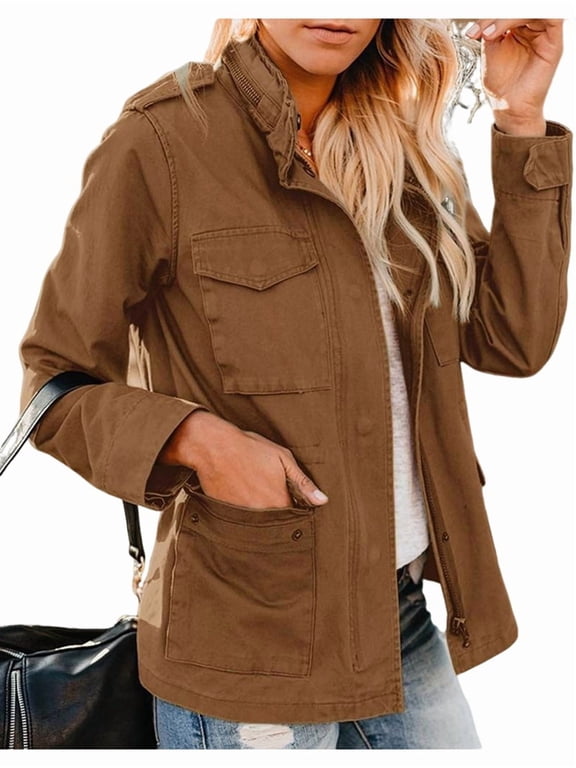Women Anorak Jackets Zip Up Snap Buttons Parka Utility Coats Outwear with Pocket Brown M