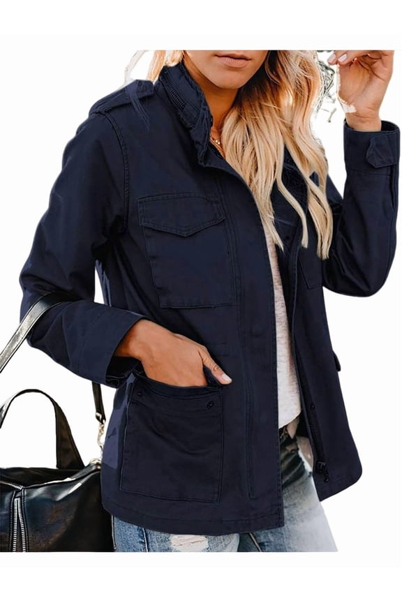 Women Anorak Jackets Zip Up Snap Buttons Parka Utility Coats Outwear with Pocket Deep Blue S