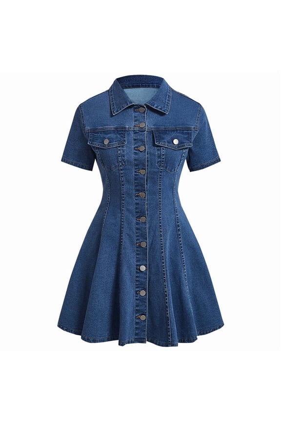 Women Denim Dress Button Down Close Short Sleeve A-Line Cotton Jean Dress Deep Blue S