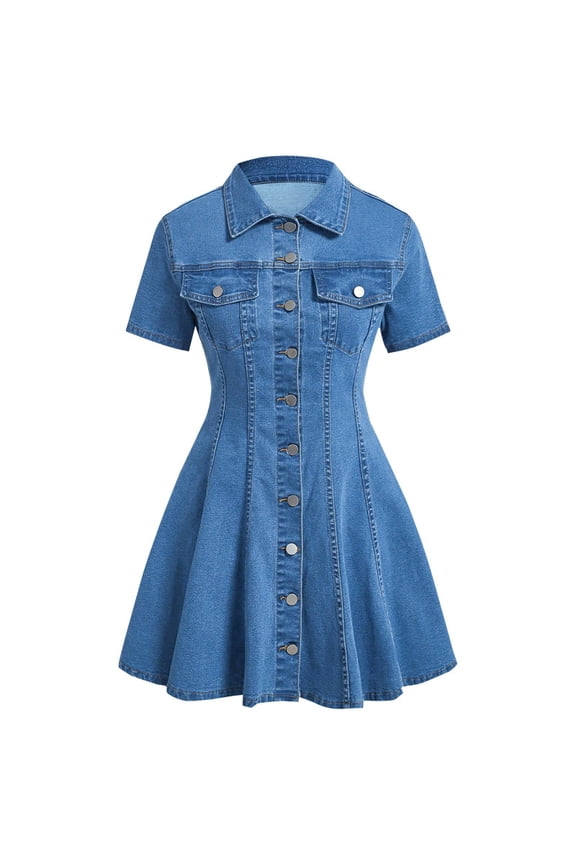 Women Denim Dress Button Down Close Short Sleeve A-Line Cotton Jean Dress Light Blue L