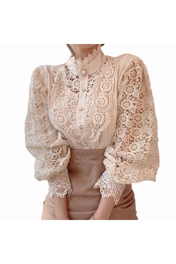 Women Elegant Lace Trim Shirts Casual Victorian Blouse Long Sleeve Button Down Tops Apricot Color XL