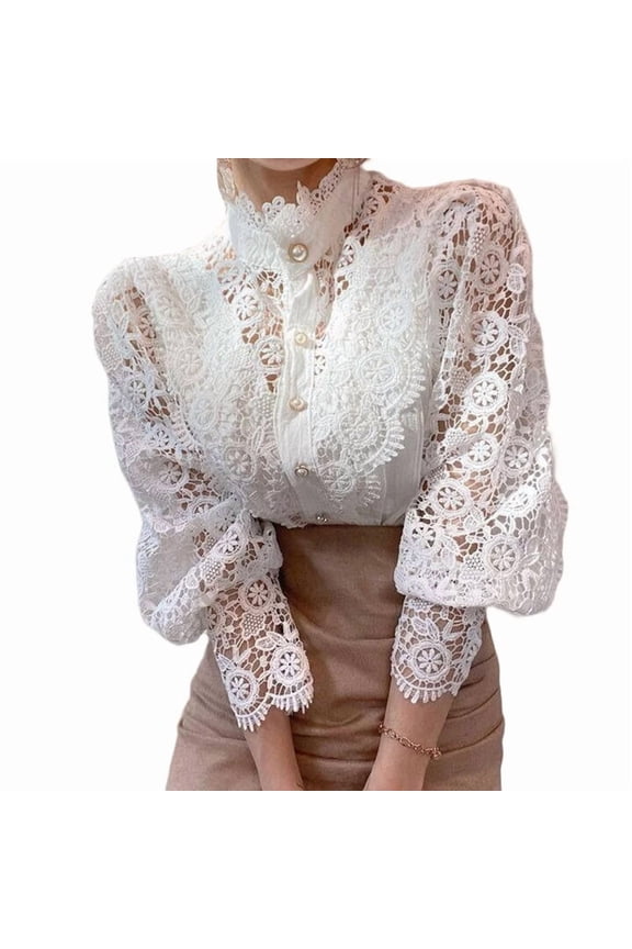 Women Elegant Lace Trim Shirts Casual Victorian Blouse Long Sleeve Button Down Tops White XXL