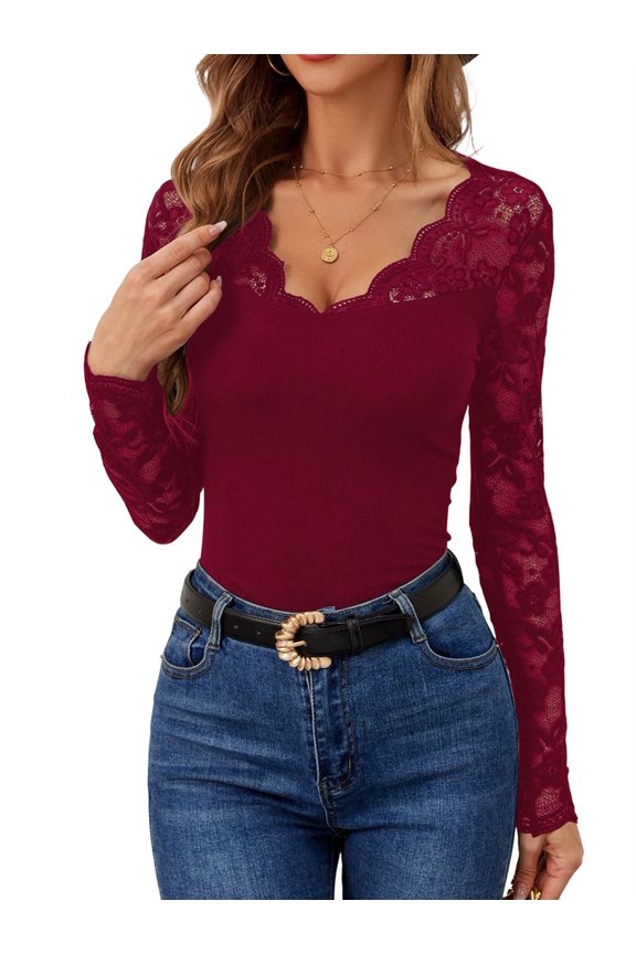 Women Fall Lace Long Sleeve Tops Trendy Slim Fitted V Neck Knit Going Out Outfits Basic Tight T Shirts Wine Red M
