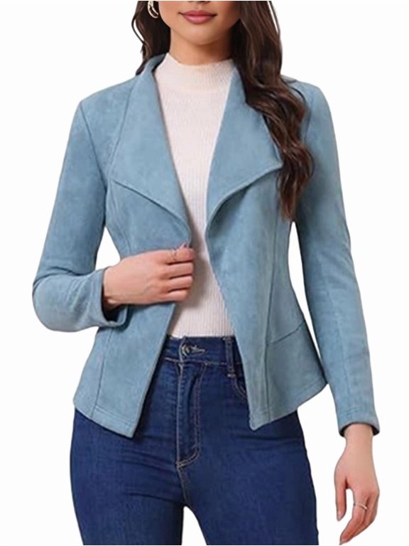 Women Faux Suede Jacket Lapel Draped Open Front Cardigan Casual Trendy Suede Blazer Sky Blue L