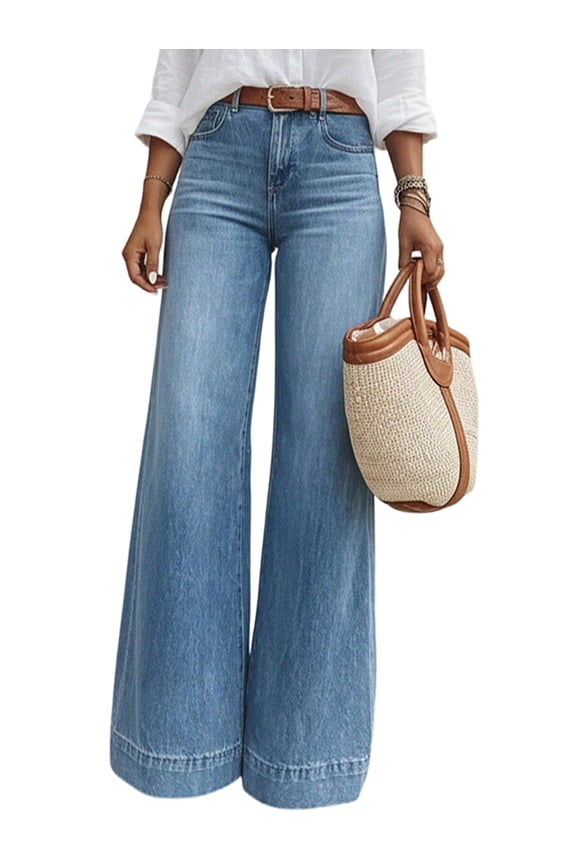 Women High Waisted Straight Leg Jeans Trendy Loose Denim Pants with Pockets Denim Blue S