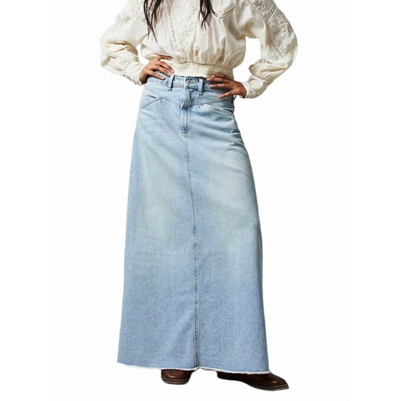 Katigan Women Raw Hem A-Line Jean Skirt Casual Y2K Fashion High Waisted Long Denim Maxi Skirt with Pockets Light Blue M