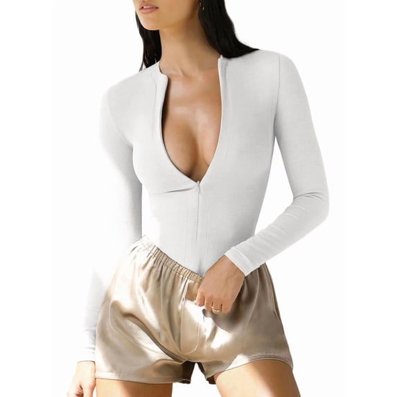 Katigan Women Ribbed Long Sleeve Bodysuit Invisible Zip Up Crew Neck Body Suit EKCW022 White L