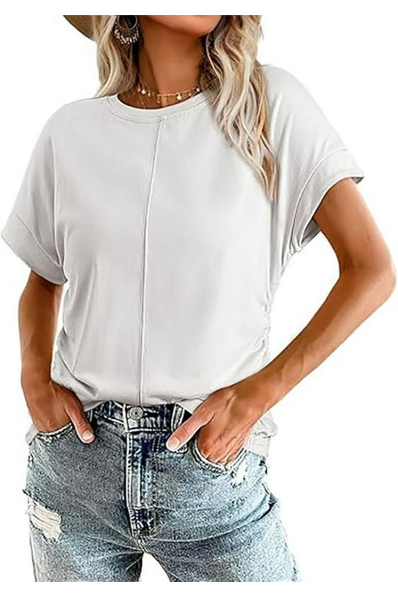 Women Round Neck Cap Sleeve Side Ruched Summer Tops White M