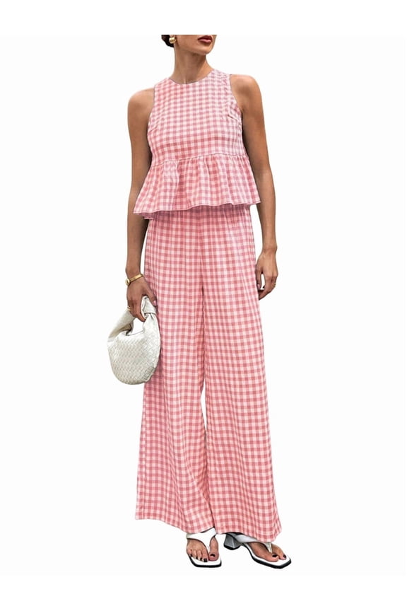 Women'S 2 Piece Gingham Set Summer Outfits Ruffle Tank Top and Wide Leg Pants Matching Lounge Set Pink M