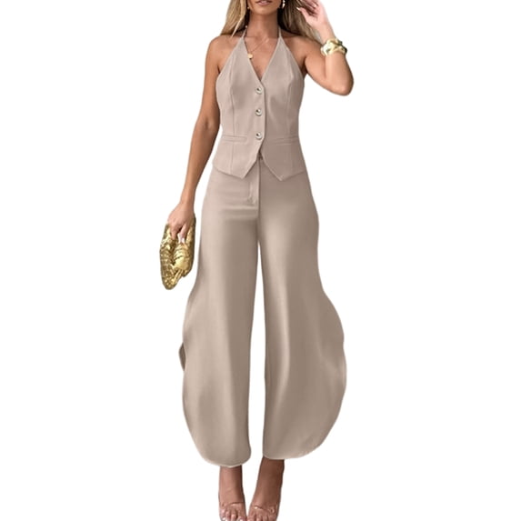 Katigan Women'S 2 Piece Outfits Button Down Sleeveless Sets Vest and Wide Leg Pants Set Khaki S
