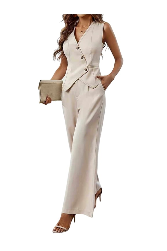 Women'S 2 Piece Outfits V Neck Pants Sets Button Crop Vest Blazer and Wide Leg Suit Khaki S