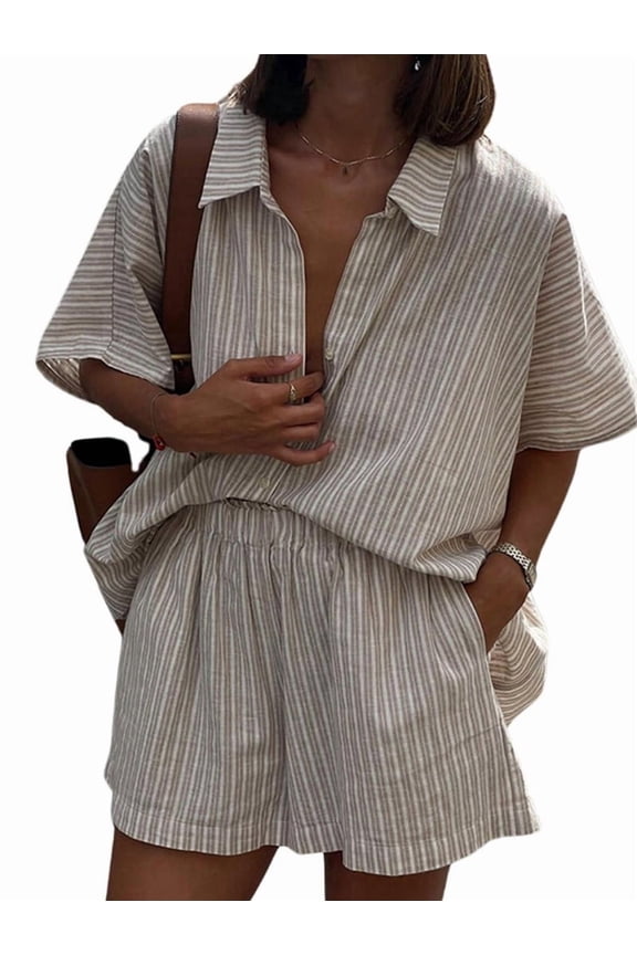 Women'S 2 Piece Summer Outfits Striped Short Sleeve Button Down Shirt and Shorts Matching Set Khaki M