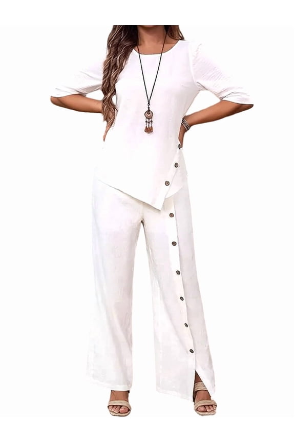 Women'S Asymmetric Hem Pants Set Elegant Fashion Casual Button Sleeve Shirt Loose Two Piece Outfit White M