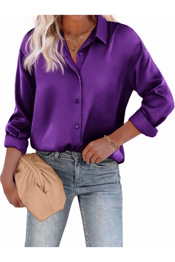 Women'S Blouse Satin Silk Shirts Button Down Shirts Casual Loose Long Sleeve Office Work Tunic Tops Purple L