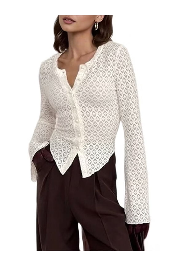 Women'S Bohemian Floral Embroidered Lace Blouse, Long Sleeve Slim Fit Casual Top Apricot L