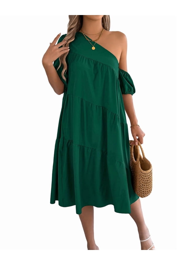 Women'S Boho One Shoulder Short Sleeve Smocked Ruffle Swing Midi Dress Green L
