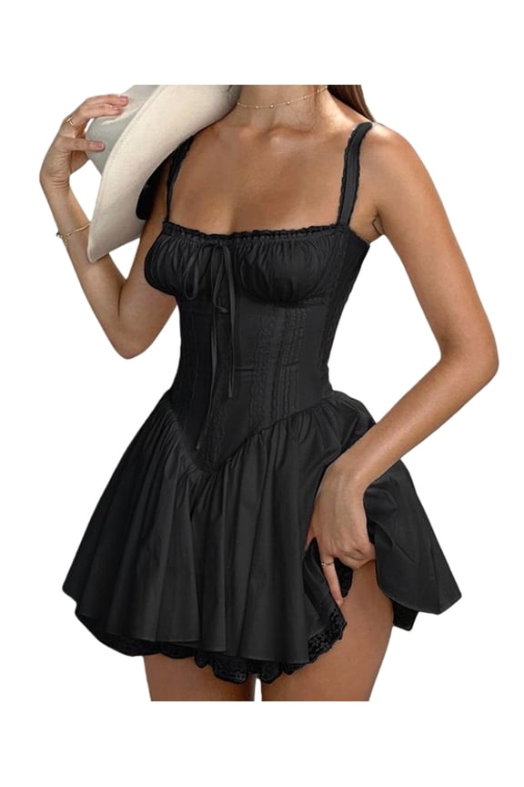 Women'S Bustier Dress Lace Trim Elegant Ballet Corset Top Waist Defining A-Line Skirt Dress Black L