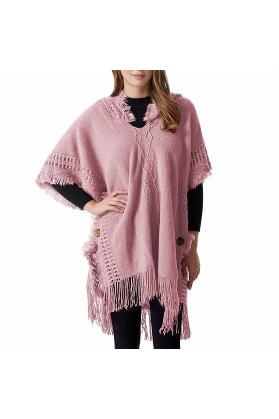 Women'S Cable Knit Poncho Sweater Casual Hooded Pullover Ponchos with Decorative Buttons Pink One size