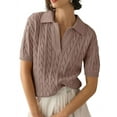 thumbnail image 1 of Women'S Cable Short Sleeve Sweaters Tops Solid Lapel V Neck Knit Casual Soft Pullover Shirt Camel M, 1 of 4