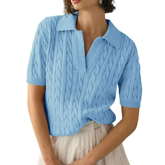 Women's Cable Knit Sweater Short Sleeve V Neck Soft Casual Pullover Top Solid Color Light Blue XL