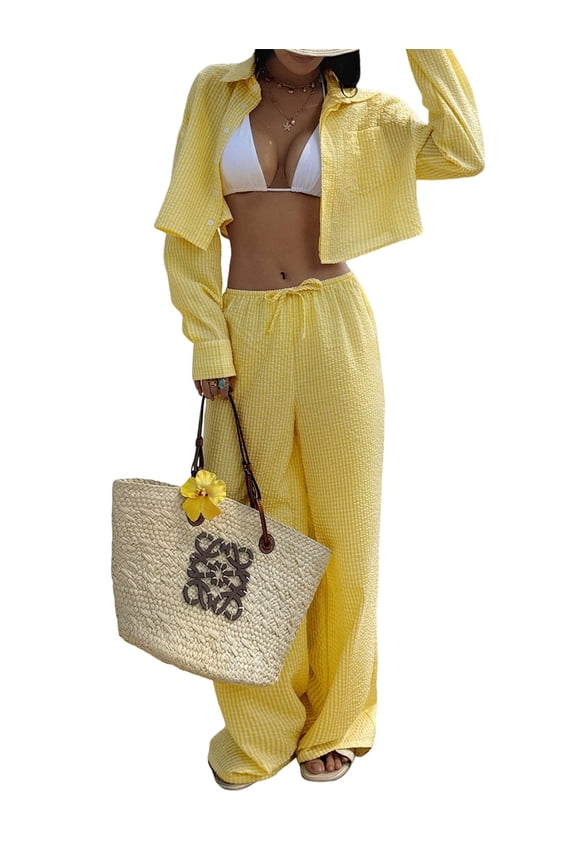Women'S Casual Fashion Striped Two Piece Set Matching Top and Bottoms Lounge Wear Summer Outfit Yellow L