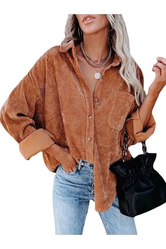 Women'S Corduroy Button Down Shirts Boyfriend Long Sleeve Oversized Blouses Tops Caramel Color M