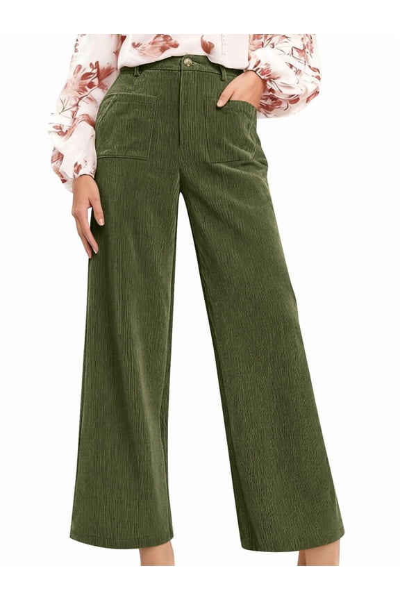 Women'S Corduroy Wide Leg Pants with Patch Pockets Casual Slim Fit Elastic Waist Trousers Army Green M