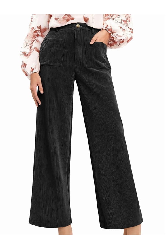 Women'S Corduroy Wide Leg Pants with Patch Pockets Casual Slim Fit Elastic Waist Trousers Black XXL