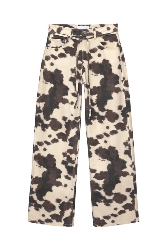 Women'S Cow Print Wide Leg Pants Patched Elastic Waist Casual Loose Trousers Cow Pattern M