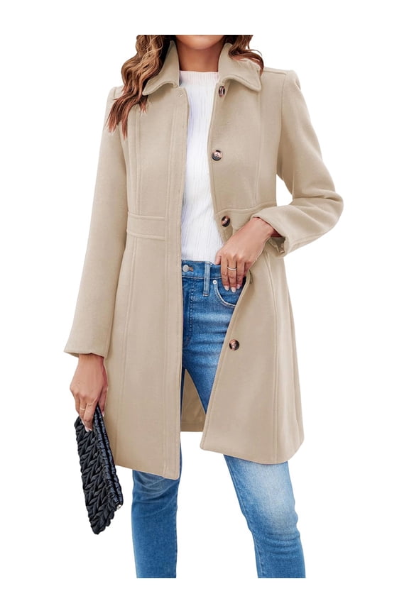Women'S Elegant Single Breasted Coat Long Sleeve Mid Winter Overcoat Work Office Pea Coats Beige L